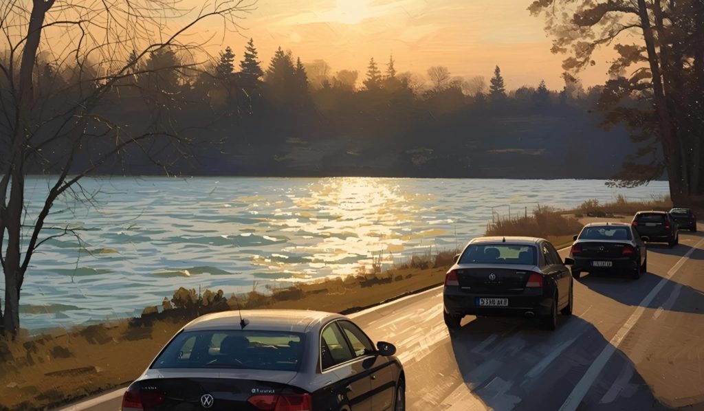 湖の横を走る車の写真。まとめ：免許は「義務」じゃない